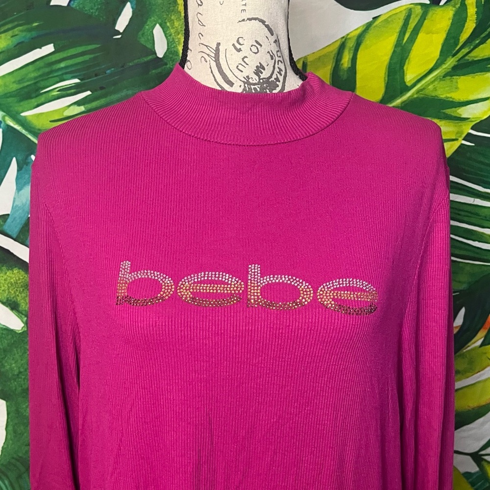 Bebe 1X Hot Pink Rhinestone Accent Lace Back Ribbed Tunic Long Sleeve Casual Top